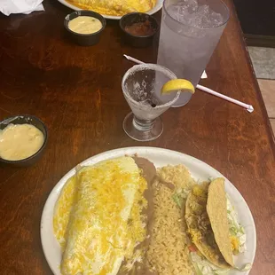 Taco, spinach enchilada and big cheese burrito.