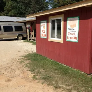 a red building with a sign that says ice cream