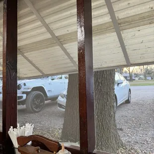 a view of a parking lot through a window