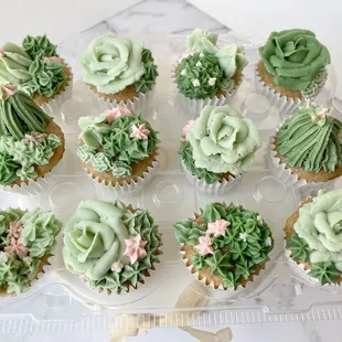 a tray of cupcakes
