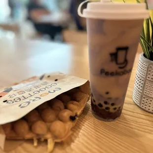 Boba bubble waffle and black, sweet rice, and taro milk with brown sugar Boba