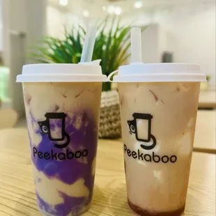 We got the Ube and strawberry mochi milk tea