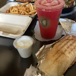 Shawarma Sandwich, Afrikano Fries Strawberry Mint Lemonade.