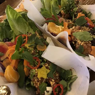 Chicken thigh skewers lettuce wraps --glad we ordered these.  Balance of fresh ingredients, salty, sweet and little bit of heat.