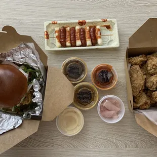 Chicken Burger, Wings, Tteok Kkochi, Peeps Sweet and Spicy, Peeps Sandwich Sauce, Peeps Soy Garlic, Peeps Padak (Chicken Scallion Sauce)