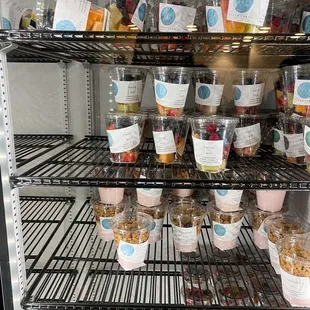 a shelf full of food items