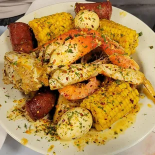 Crab boil with sausage, shrimp, corn and potatoes.