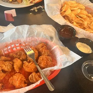 Chicken bites (extra hot) and Saratoga chips with bbq sauce - very yummy!!!