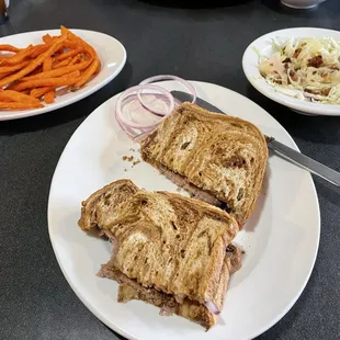 Ribeye Steak on Rye, sweet potato fries and hot bacon slaw