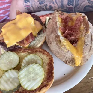Bacon cheeseburger with loaded baked potato
