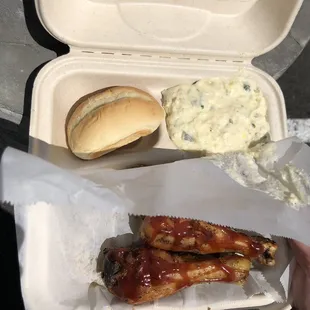 Roll and Potato Salad and BBQ Chicken