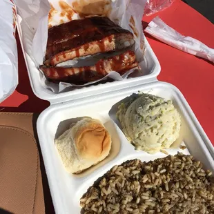 Dirty rice, ribs, potato salad