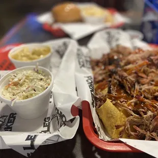 BBQ Nachos, Cole slaw and Mac n cheese