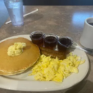 pancakes, eggs and syrup