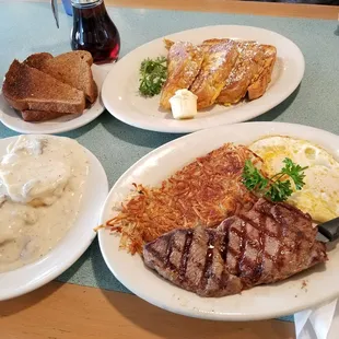 Steak and eggs, half order biscuits and gravy, french toast