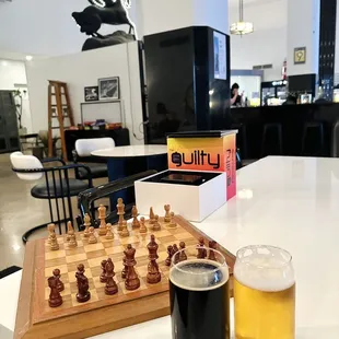 a beer and chess board