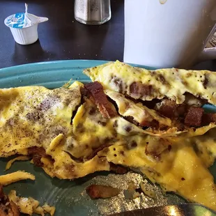 Greasy, paper thin omelet
