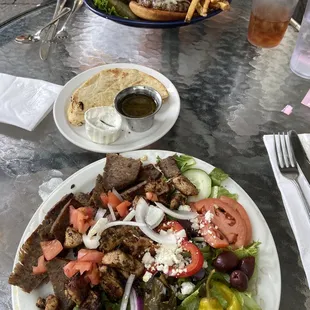 Grecian platter and a Guacamole Burger