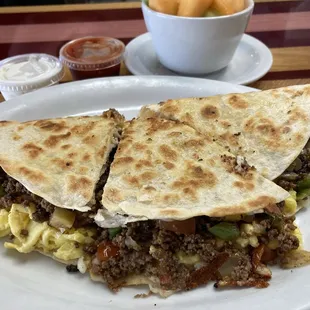 Breakfast, quesadilla, fruit, instead of choice of potato.