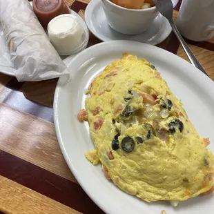 Tex-Mex omelette with fruit instead of potato. Tortillas instead of toast.