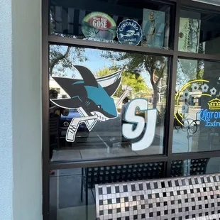 a bench in front of a window