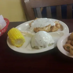 Chicken fried steak dinner with 3 sides, roll &amp; corn muffin $6.49