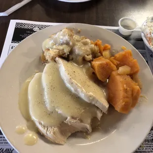 Fresh roast turkey, sweet potatoes, stuffing!