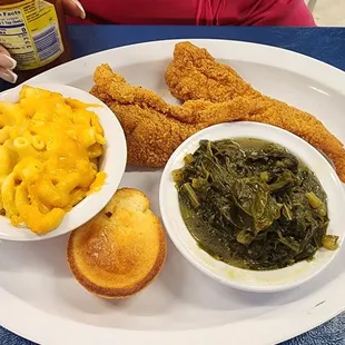 Catfish, mac &amp; cheese and greens