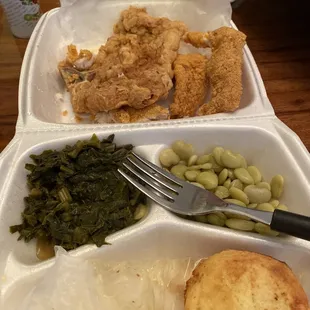 Pork, catfish, greens, Lima beans
