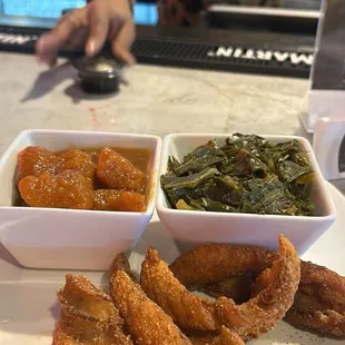 Perch, yams, &amp; greens. Food was good, wait was nearly an hour!