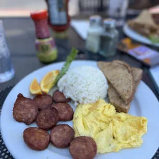 Portuguese sausage, eggs, and rice w/ wheat toast