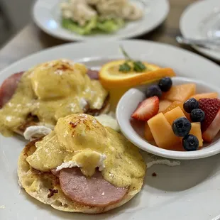 Traditional Benedict with fruit plus a side of Mac salad. EXCELLENT!!