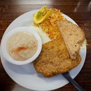 Country Fried Steak, good seasoning and taste overall. Some parts of it too chewy.