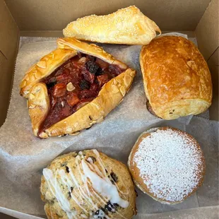 Chocolate Chip Scone, Galette (Fruit) , Cheese Puff, Pain Au Chocolat, Bambolini Hazelnut