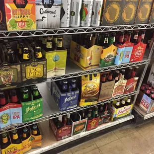 a shelf full of beer