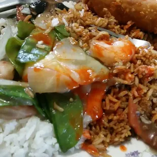 Shrimp fried rice and with peapods &amp; egg roll.  Nom.