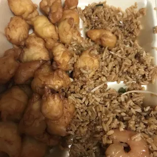Shrimp fried rice sweet and sour chicken