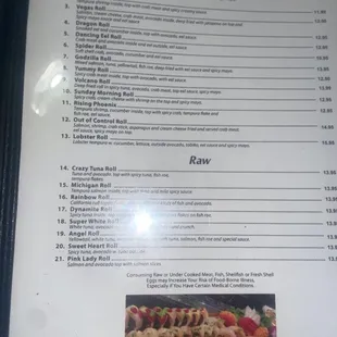 sushi and sashimi, menu