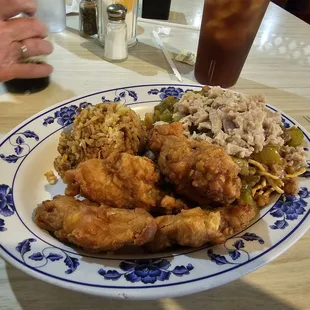 Chicken wings, fried rice, and chow mein