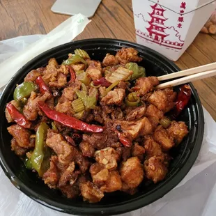 Kung pao chicken no peanuts and extra spicy! Fresh and hot! Big boss hooked it up with the extra heat!