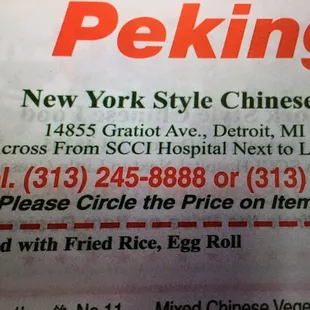 the menu for peking