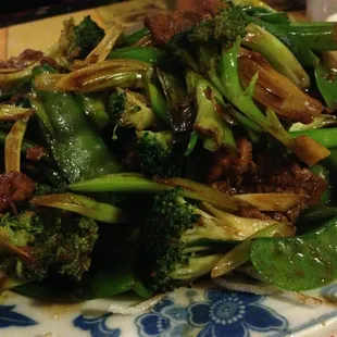 Mongolian beef added broccoli and pea pods.