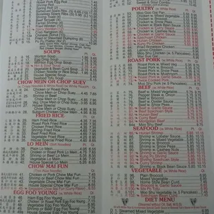 the menu of the restaurant