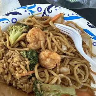 Shrimp lo mein, fried rice