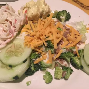 My salad bar fixins... note the peeled cucumbers and chopped broccoli.... what, what?!?
