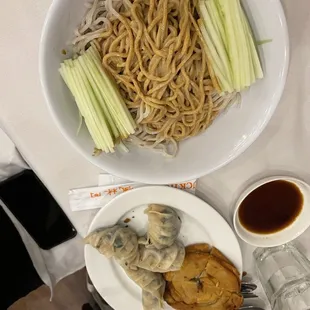 Steamed Vegetable Dumpling + Scallion Pancakes + Cold Noodles with Sesame Sauce