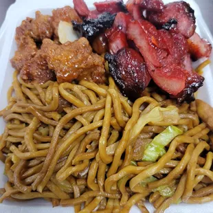 3 Item lunch combo with chowmein bbq pork, and sesame chicken.