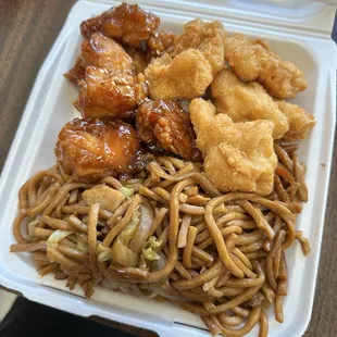 3 item combo - chow mein, sesame chicken, and salt and pepper fish