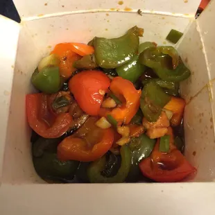 Well, I thought I was ordering Kung pao chicken, looks like I got a bell pepper salad, with bits and pieces of chicken....