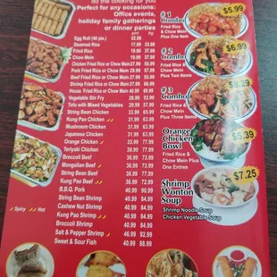 Back of menu for specials and catering